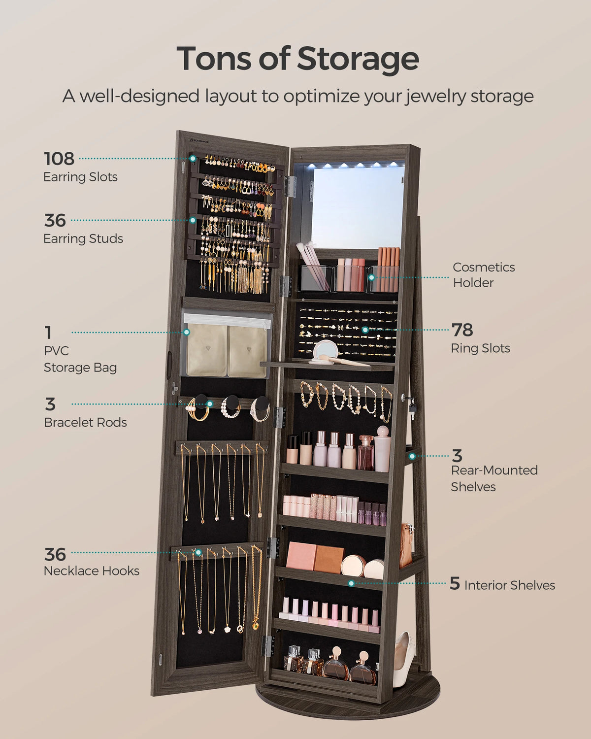 Luxurious LED Mirror Jewelry Cabinet