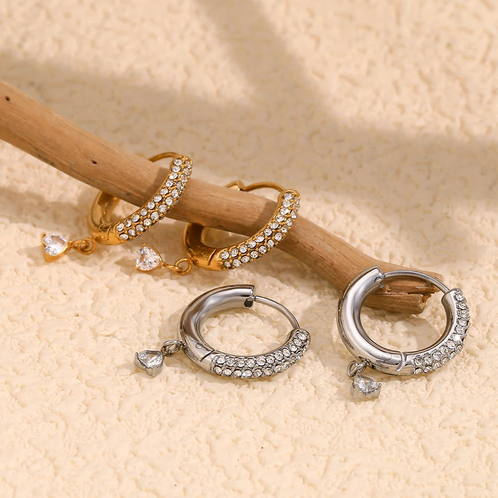 Charming Heart Pendant Rhinestone Hoop Earrings