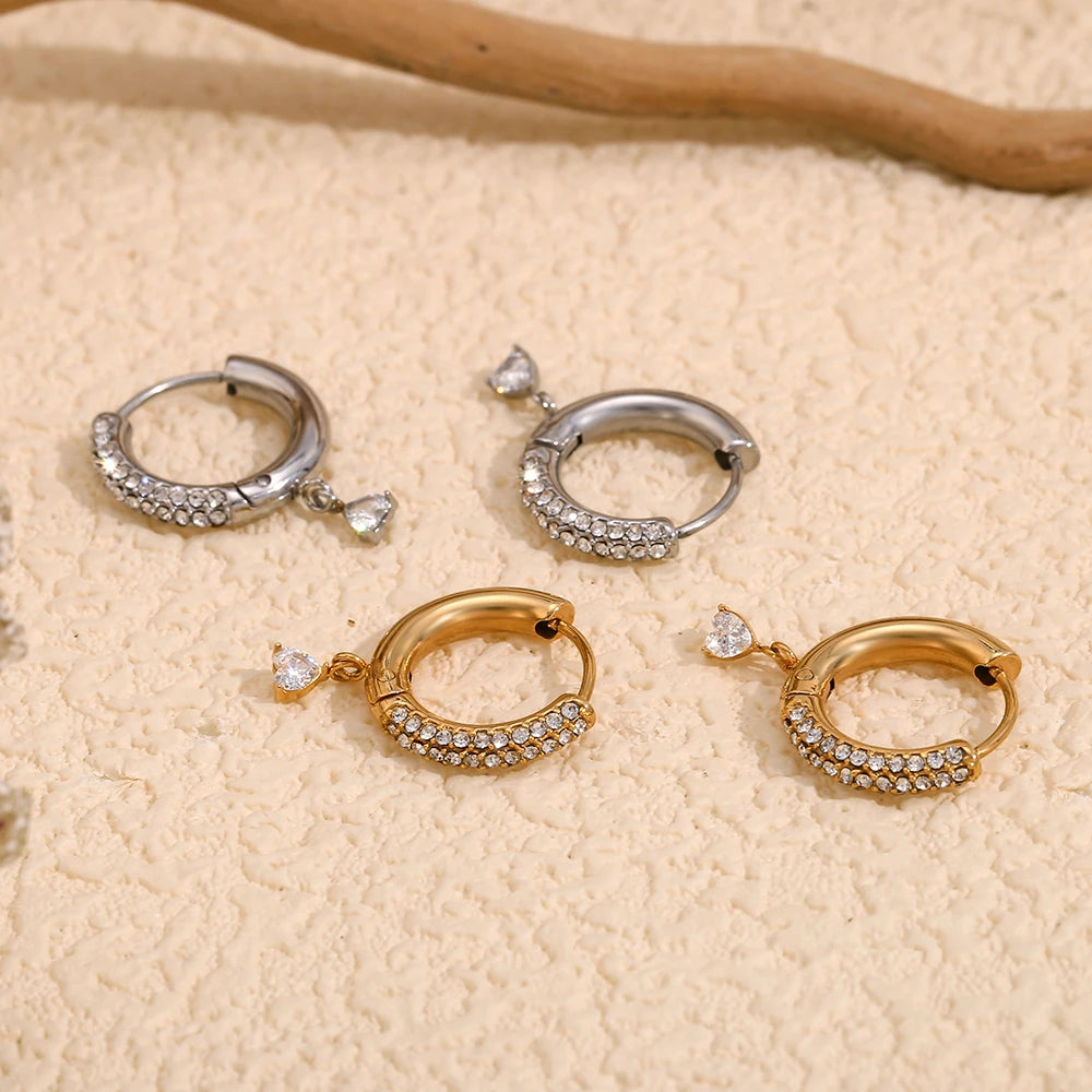 Charming Heart Pendant Rhinestone Hoop Earrings