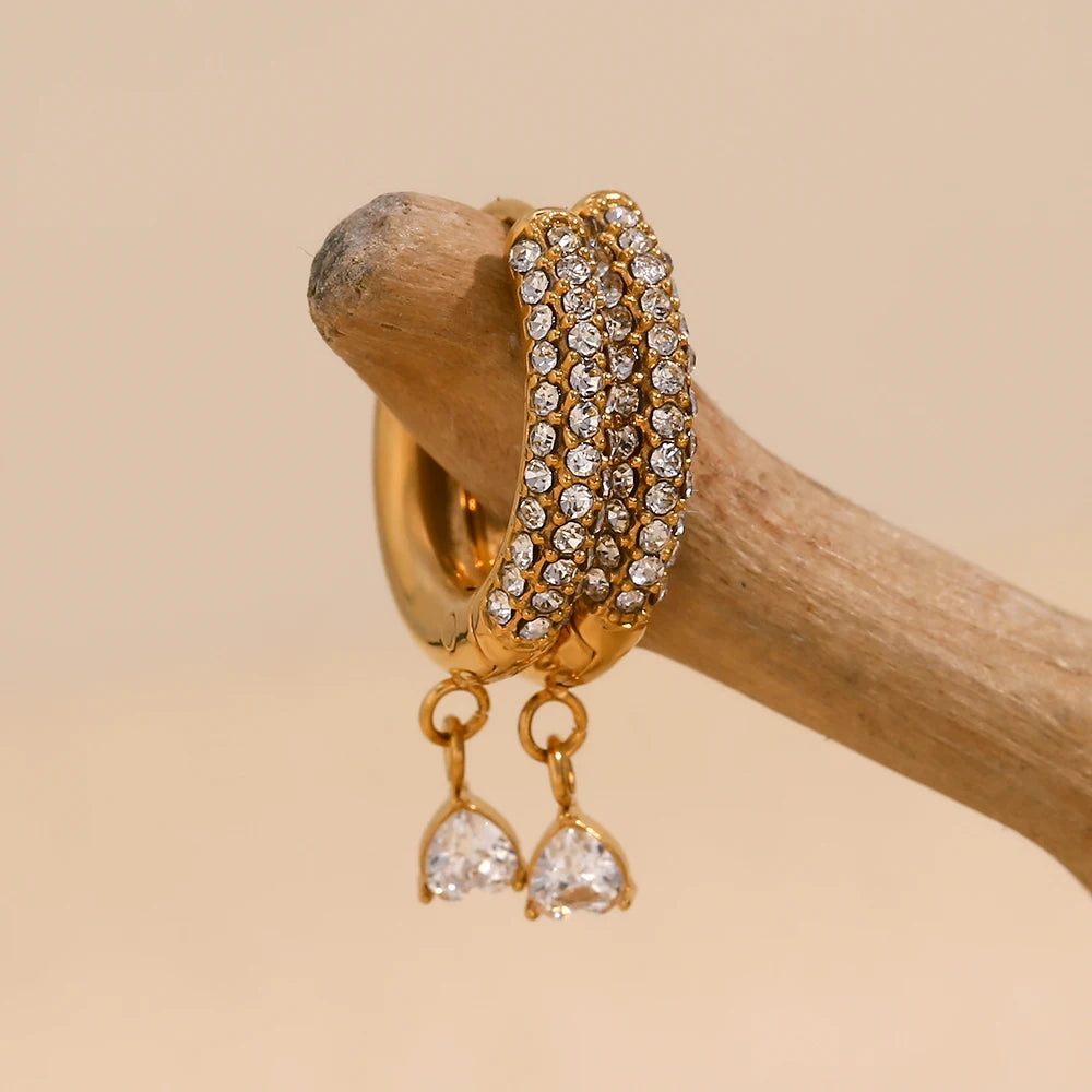 Charming Heart Pendant Rhinestone Hoop Earrings