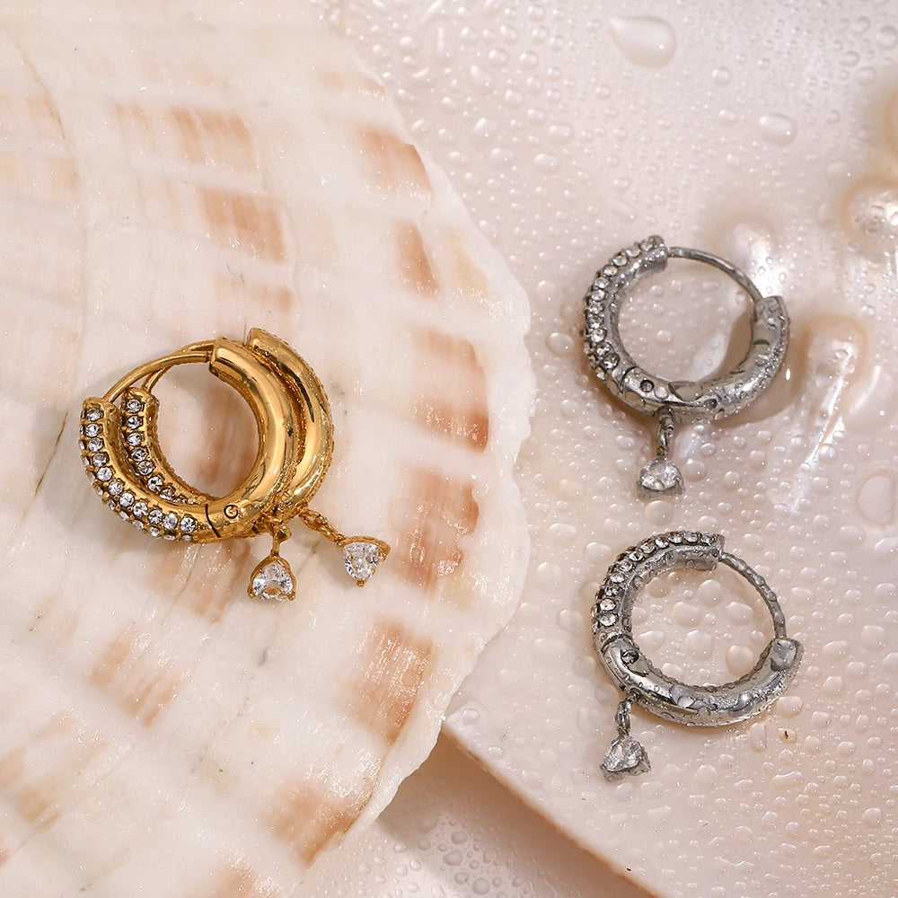 Charming Heart Pendant Rhinestone Hoop Earrings