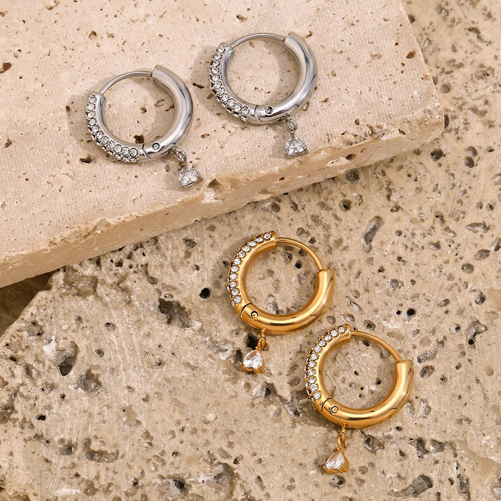 Charming Heart Pendant Rhinestone Hoop Earrings