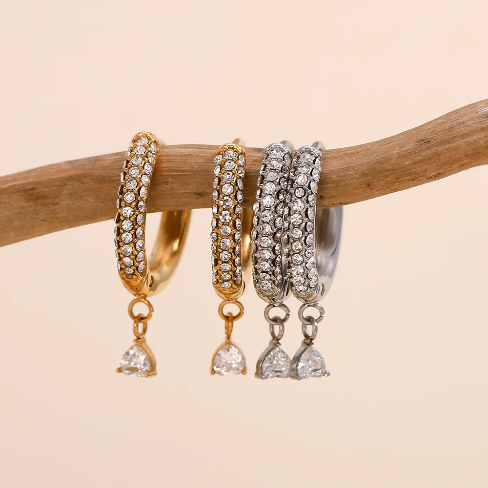Charming Heart Pendant Rhinestone Hoop Earrings