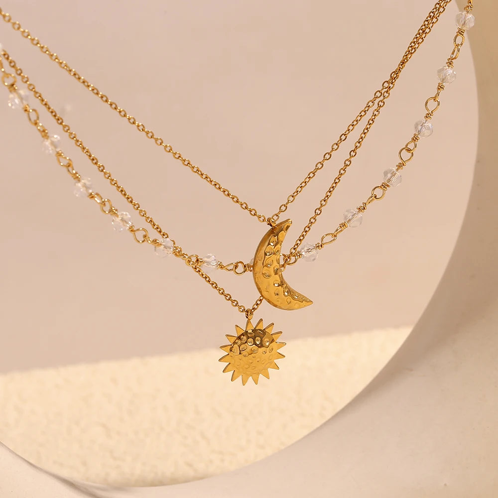 Exquisite Triple Layer Crystal Moon Sun Pendant Necklace