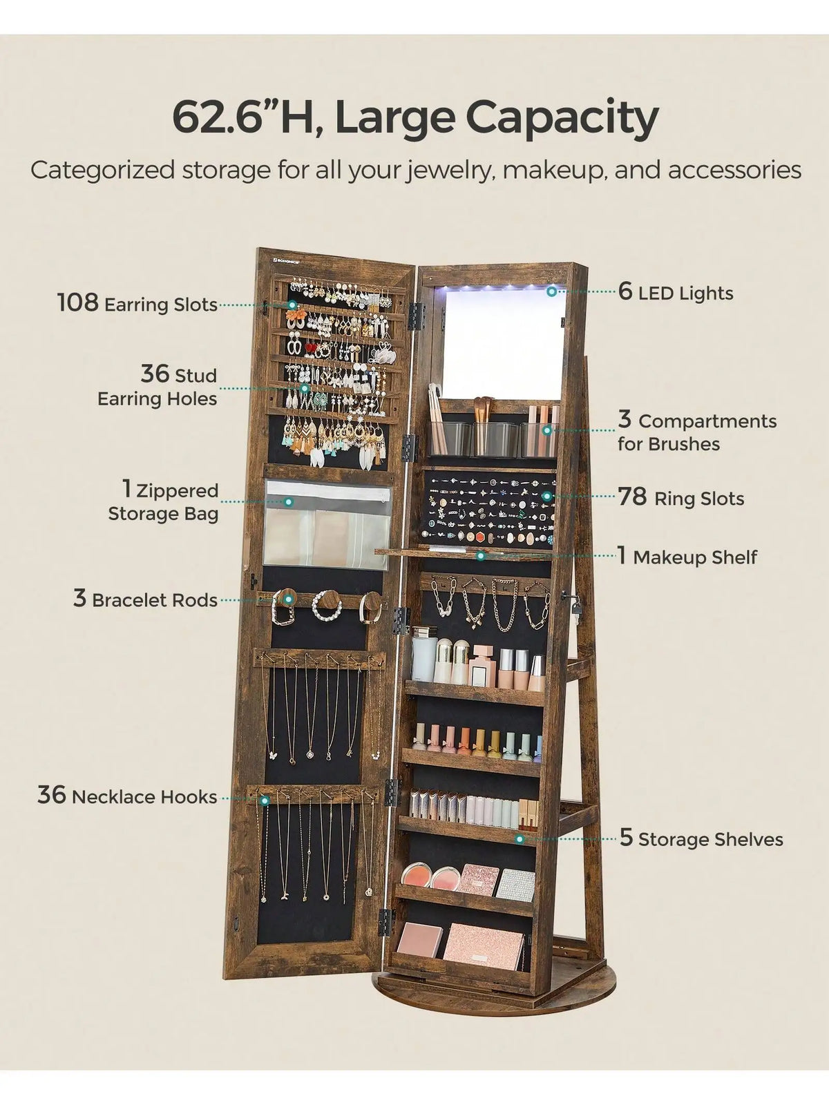 Luxurious LED Mirror Jewelry Cabinet